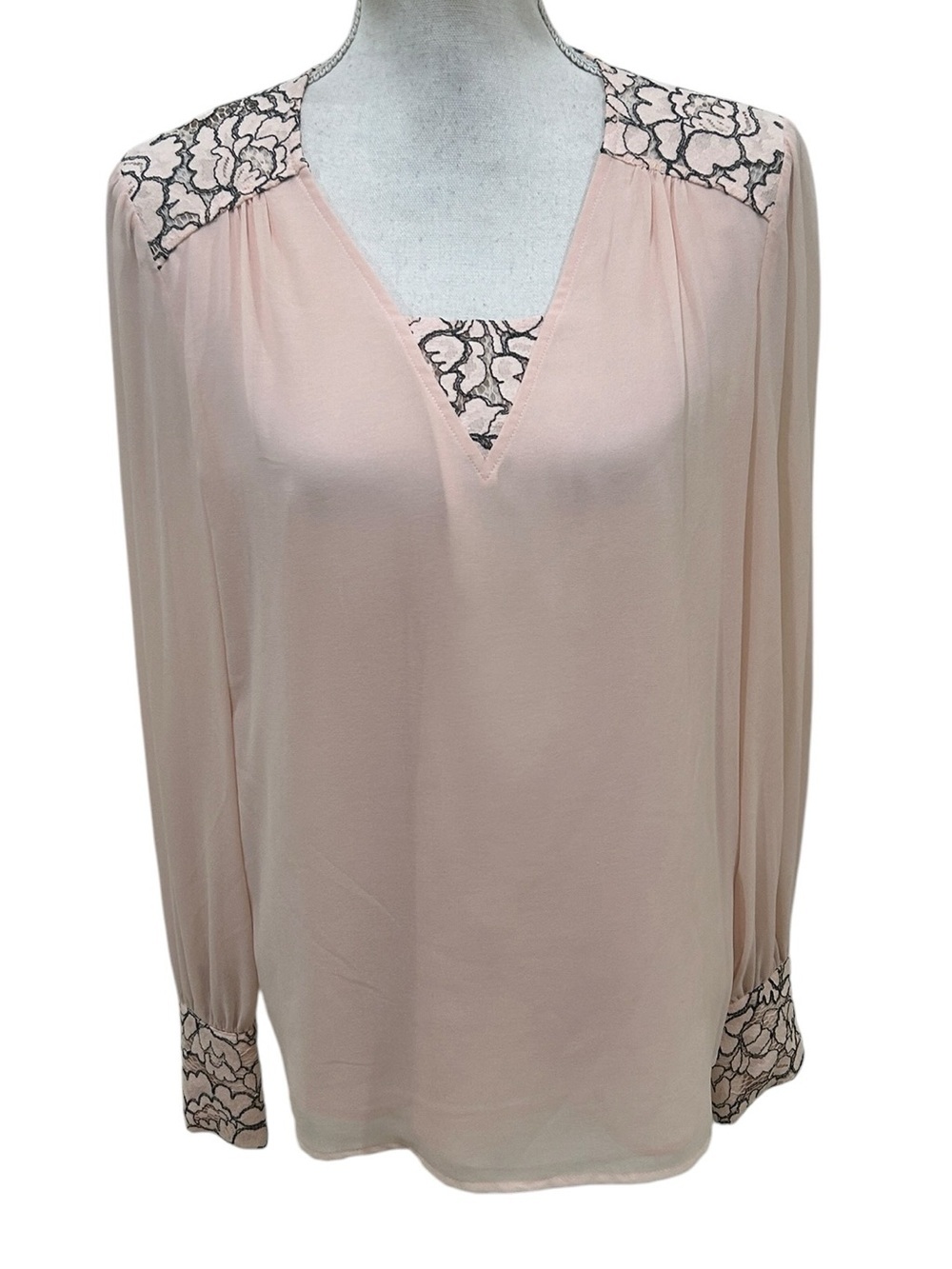 Karl Lagerfeld Blush Pink Long-Sleeve V-Neck Blouse with Black Lace Trim medium